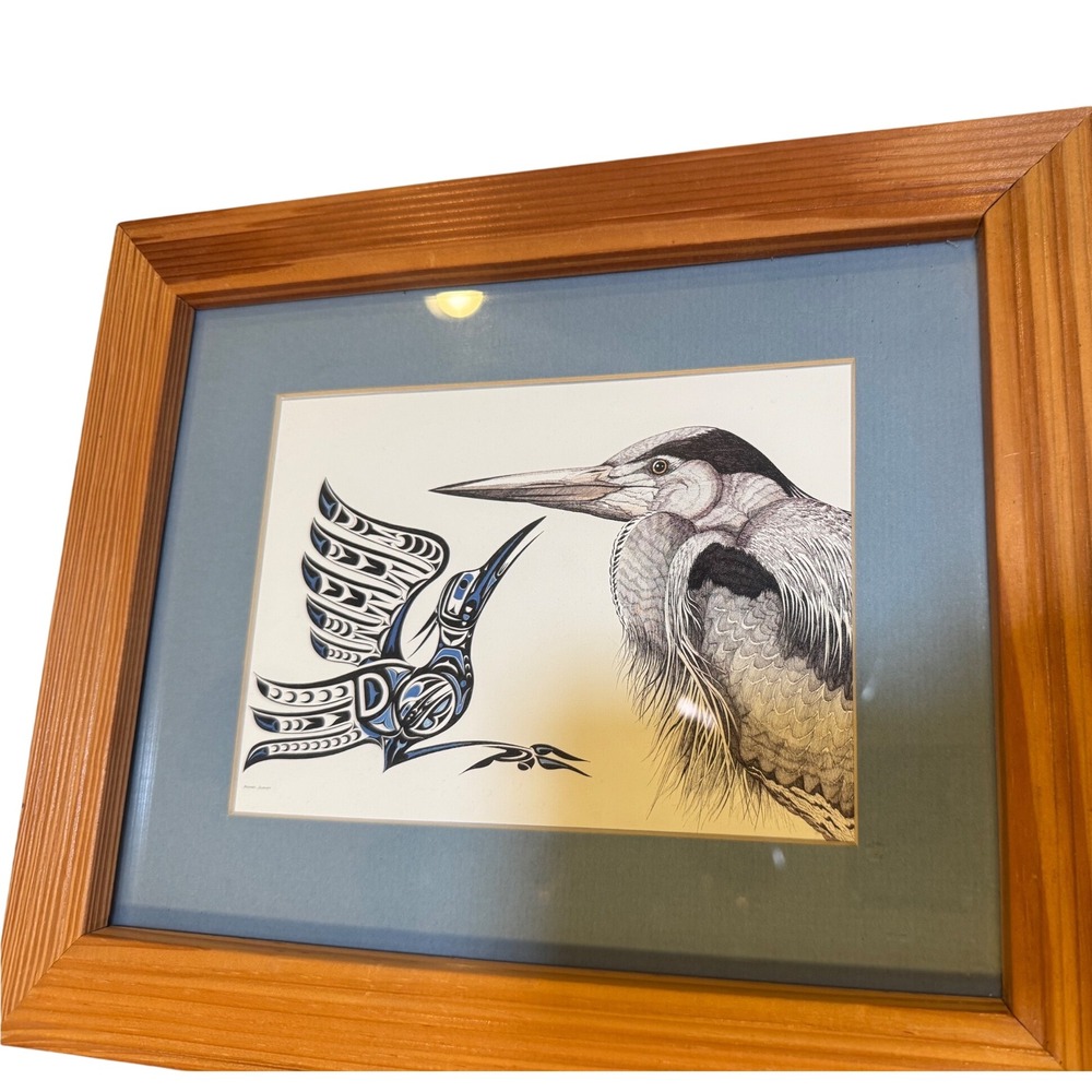 Michael Duncan Canadian Artist Blue Heron Indigenous Style Framed Print '80s EUC